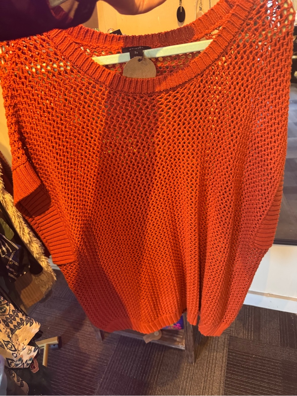 Halogen Orange Open-Weave Short Sleeve Sweater